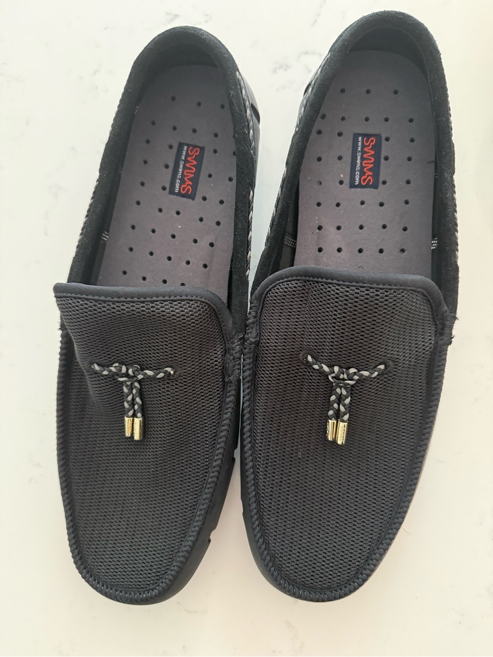 Swims Black Mesh Slip-On Driving Loafers with Braided Tassel